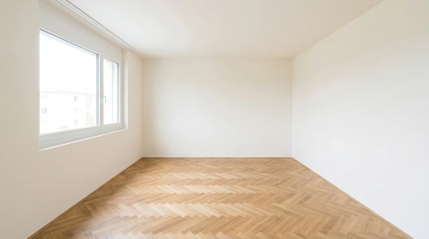 Le même salon terminé, murs peints en blanc et parquet en chevrons