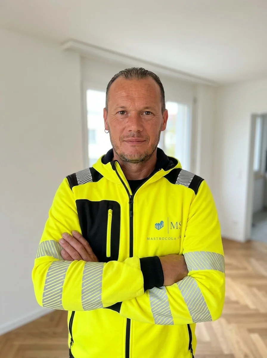 Sergio Mastrocola, fondateur de Mastrocola Sàrl, en veste de l'entreprise sur un chantier terminé