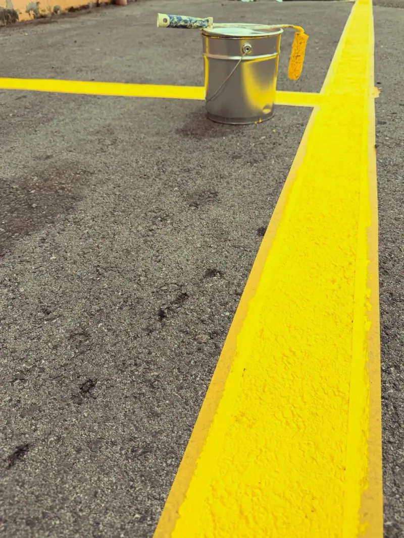 Ligne jaune fraîche tracée au rouleau, pot de peinture à côté